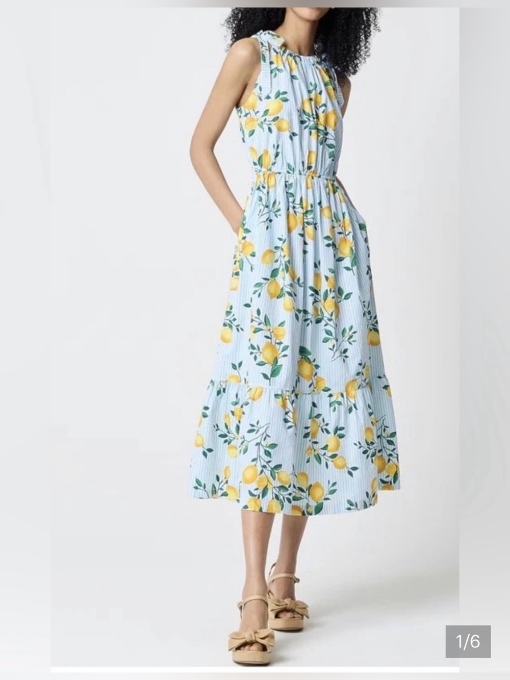 J Crew Tie-shoulder midi dress Lemon Print Blue Multi